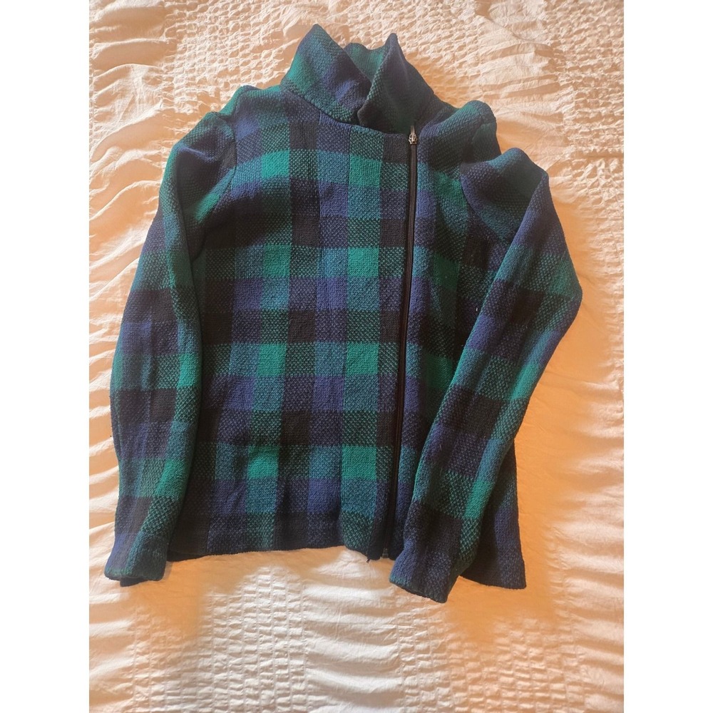 Chaps Womens Green Navy Blue Buffalo Plaid Asymmetrical Side Zip Sweater Medium